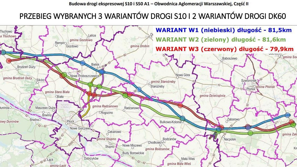 Planowany przebieg drogi S10 - trzy warianty