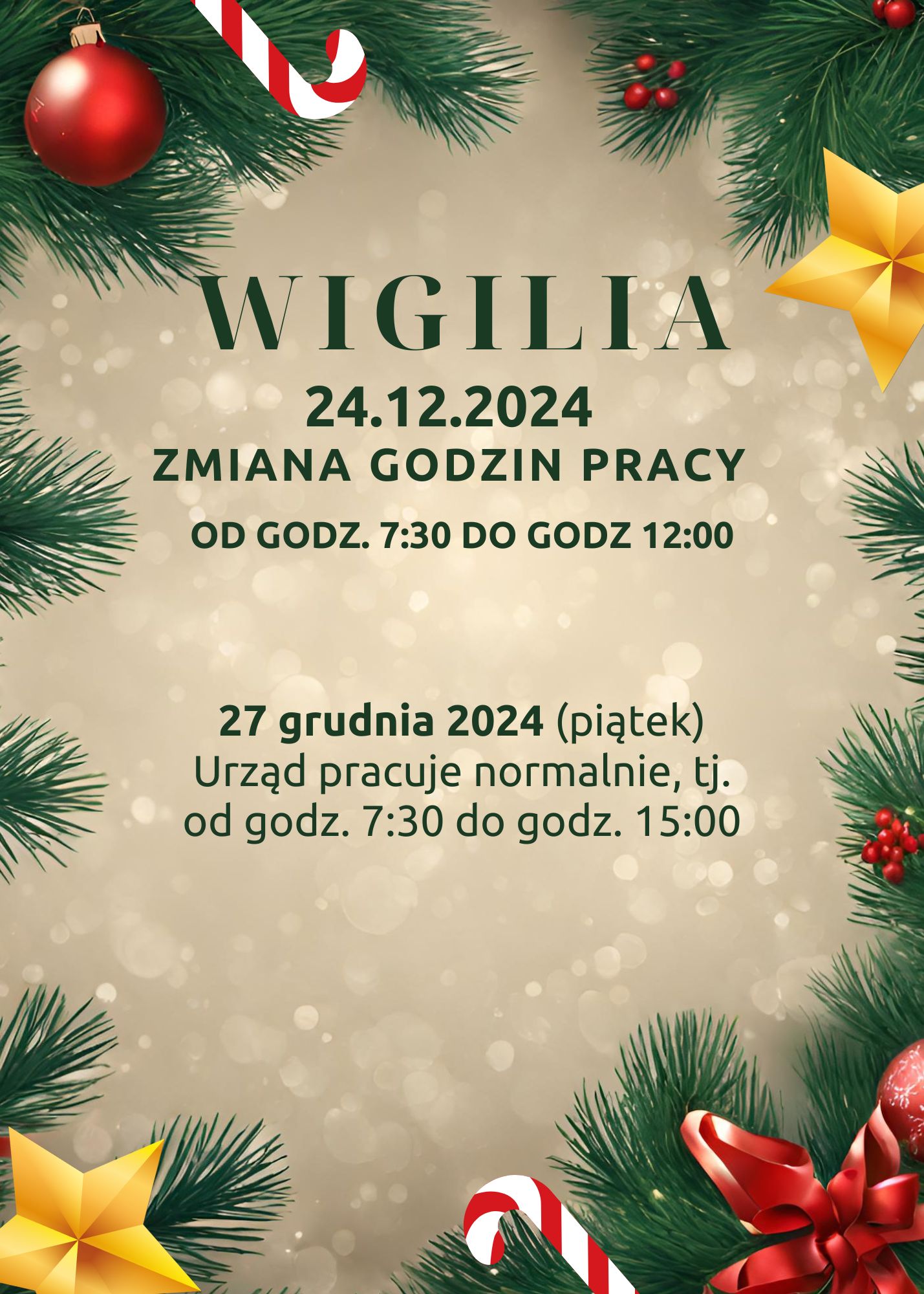 Zmiana godzin pracy urzędu w Wigilię 24 grudnia 2024